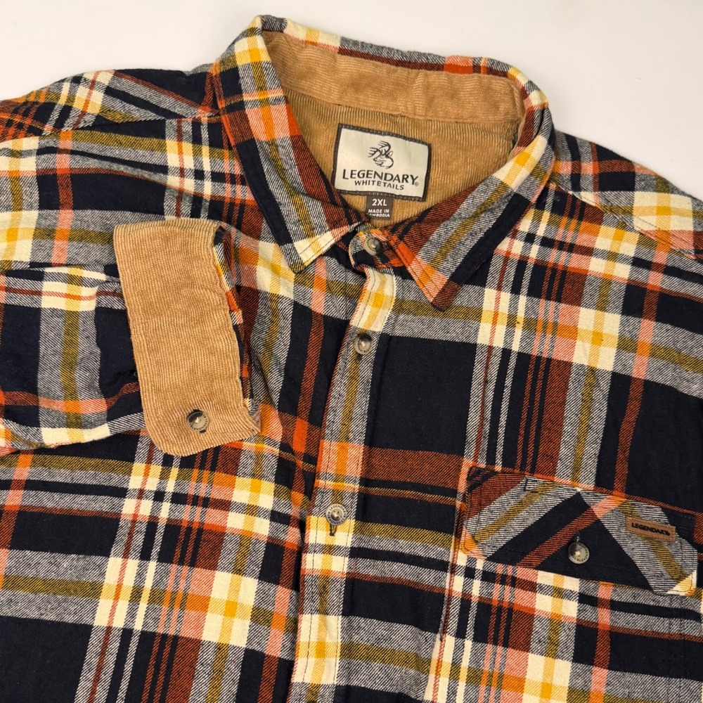 Legendary Whitetails Mens Plaid Flannel‎ Shirt Navy Orange Corduroy Trim XL